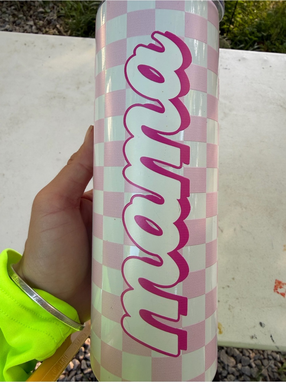 Pink Checkered Tumbler with Bold Script